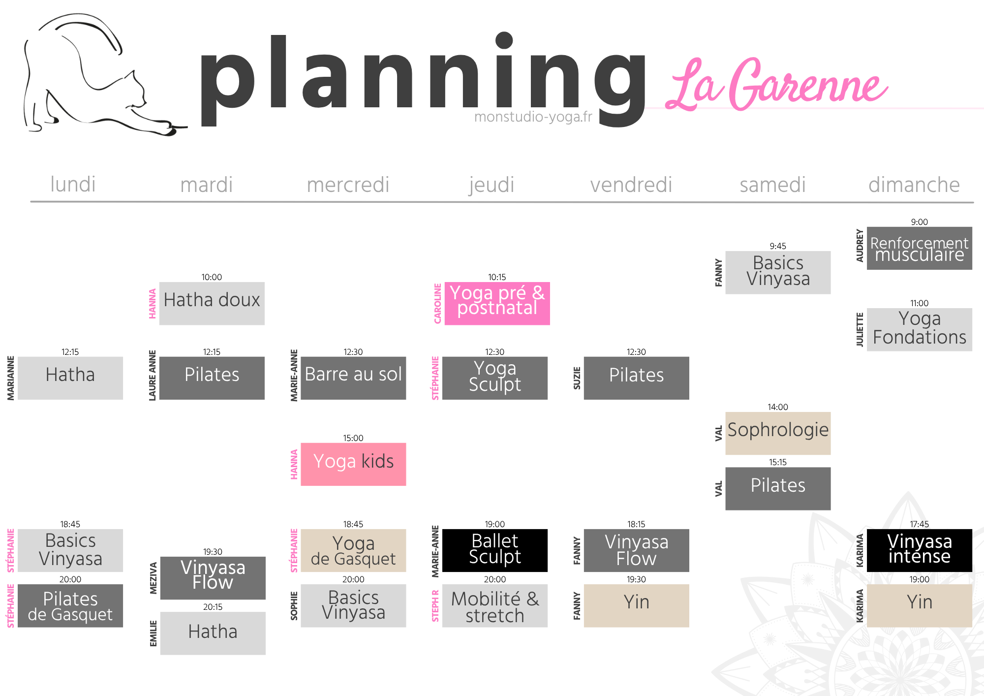 Planning Mon Studio de Yoga à La Garenne Colombes : Yoga, Pilates, sophrologie, barre au sol